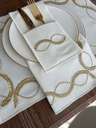 Olive Branch Gold Design Placemat Set - Waterproof Fabric - 6 Persons - 24 Pcs. Full Set