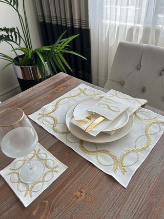 Olive Branch Gold Design Placemat Set - Waterproof Fabric - 6 Persons - 24 Pcs. Full Set