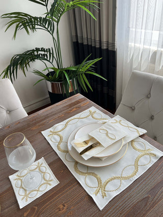 Olive Branch Gold Design Placemat Set - Waterproof Fabric - 6 Persons - 24 Pcs. Full Set