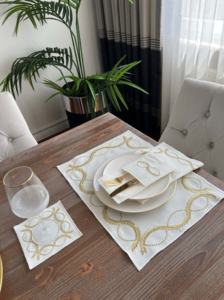 Olive Branch Gold Design Placemat Set - Waterproof Fabric - 6 Persons - 24 Pcs. Full Set