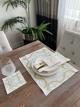 Olive Branch Gold Design Placemat Set - Waterproof Fabric - 6 Persons - 24 Pcs. Full Set