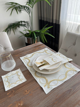 Olive Branch Gold Design Placemat Set - Waterproof Fabric - 6 Persons - 24 Pcs. Full Set