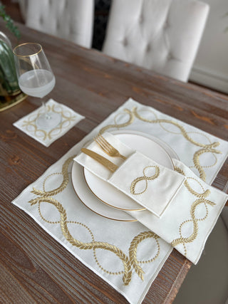 Olive Branch Gold Design Placemat Set - Waterproof Fabric - 6 Persons - 24 Pcs. Full Set