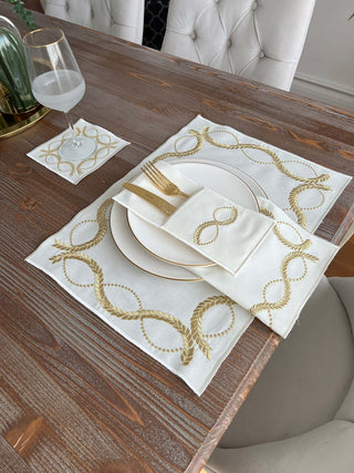 Olive Branch Gold Design Placemat Set - Waterproof Fabric - 6 Persons - 24 Pcs. Full Set