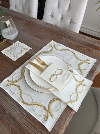 Olive Branch Gold Design Placemat Set - Waterproof Fabric - 6 Persons - 24 Pcs. Full Set