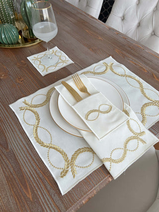 Olive Branch Gold Design Placemat Set - Waterproof Fabric - 6 Persons - 24 Pcs. Full Set