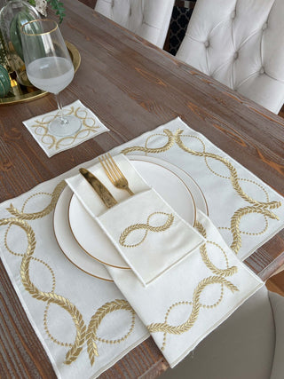 Olive Branch Gold Design Placemat Set - Waterproof Fabric - 6 Persons - 24 Pcs. Full Set