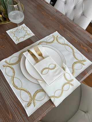 Olive Branch Gold Design Placemat Set - Waterproof Fabric - 6 Persons - 24 Pcs. Full Set