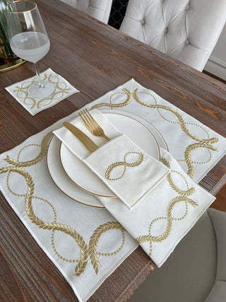 Olive Branch Gold Design Placemat Set - Waterproof Fabric - 6 Persons - 24 Pcs. Full Set