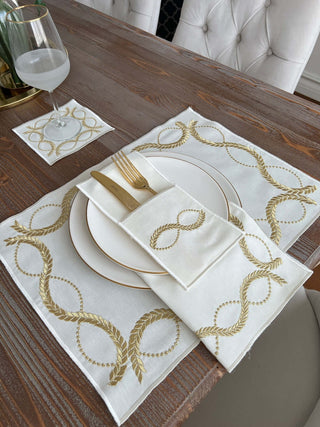 Olive Branch Gold Design Placemat Set - Waterproof Fabric - 6 Persons - 24 Pcs. Full Set