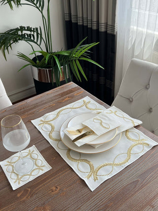 Olive Branch Gold Design Placemat Set - Waterproof Fabric - 6 Persons - 24 Pcs. Full Set