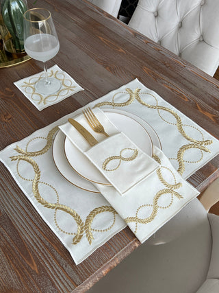 Olive Branch Gold Design Placemat Set - Waterproof Fabric - 6 Persons - 24 Pcs. Full Set