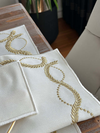 Olive Branch Gold Design Placemat Set - Waterproof Fabric - 6 Persons - 24 Pcs. Full Set