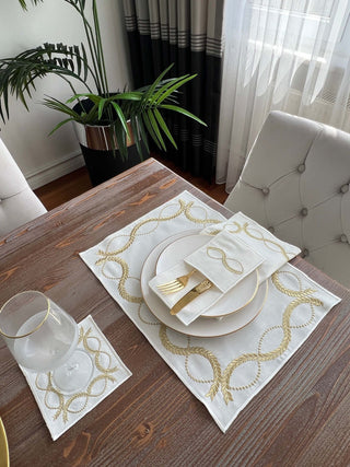 Olive Branch Gold Design Placemat Set - Waterproof Fabric - 6 Persons - 24 Pcs. Full Set