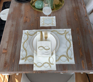 Olive Branch Gold Design Placemat Set - Waterproof Fabric - 6 Persons - 24 Pcs. Full Set