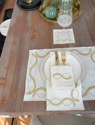 Olive Branch Gold Design Placemat Set - Waterproof Fabric - 6 Persons - 24 Pcs. Full Set