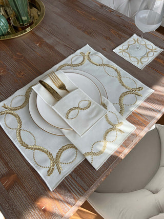 Olive Branch Gold Design Placemat Set - Waterproof Fabric - 6 Persons - 24 Pcs. Full Set