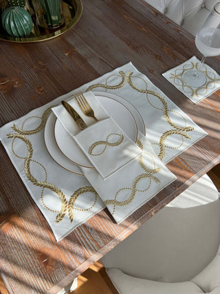 Olive Branch Gold Design Placemat Set - Waterproof Fabric - 6 Persons - 24 Pcs. Full Set