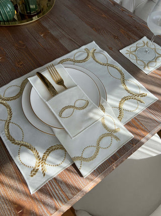 Olive Branch Gold Design Placemat Set - Waterproof Fabric - 6 Persons - 24 Pcs. Full Set