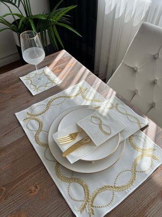 Olive Branch Gold Design Placemat Set - Waterproof Fabric - 6 Persons - 24 Pcs. Full Set