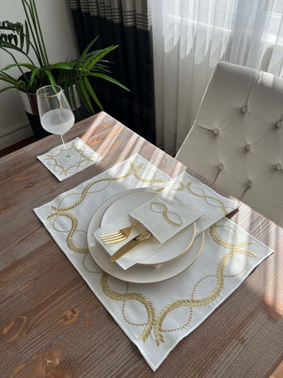 Olive Branch Gold Design Placemat Set - Waterproof Fabric - 6 Persons - 24 Pcs. Full Set