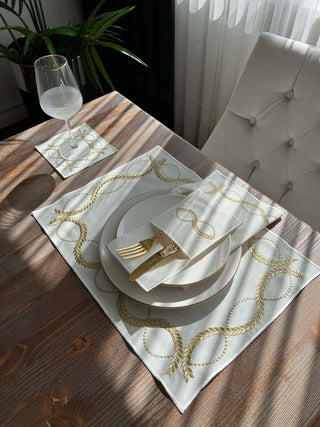 Olive Branch Gold Design Placemat Set - Waterproof Fabric - 6 Persons - 24 Pcs. Full Set