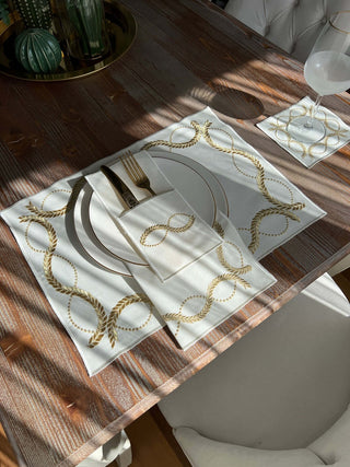 Olive Branch Gold Design Placemat Set - Waterproof Fabric - 6 Persons - 24 Pcs. Full Set