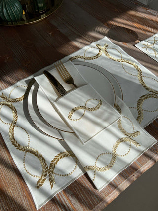 Olive Branch Gold Design Placemat Set - Waterproof Fabric - 6 Persons - 24 Pcs. Full Set