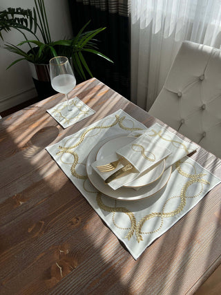 Olive Branch Gold Design Placemat Set - Waterproof Fabric - 6 Persons - 24 Pcs. Full Set