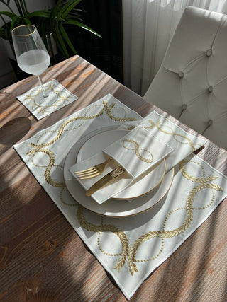 Olive Branch Gold Design Placemat Set - Waterproof Fabric - 6 Persons - 24 Pcs. Full Set