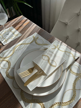 Olive Branch Gold Design Placemat Set - Waterproof Fabric - 6 Persons - 24 Pcs. Full Set