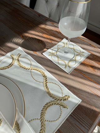 Olive Branch Gold Design Placemat Set - Waterproof Fabric - 6 Persons - 24 Pcs. Full Set