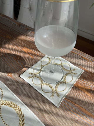 Olive Branch Gold Design Placemat Set - Waterproof Fabric - 6 Persons - 24 Pcs. Full Set