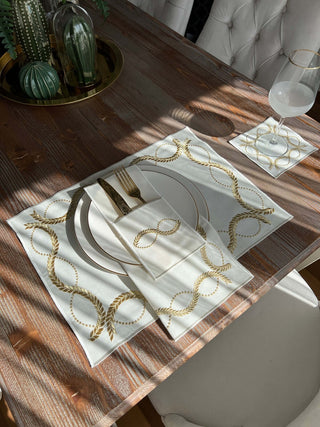 Olive Branch Gold Design Placemat Set - Waterproof Fabric - 6 Persons - 24 Pcs. Full Set