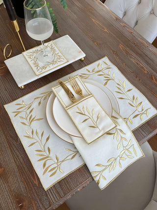 Gold Flower Design Placemat Set - Waterproof Fabric - 6 Persons - 24 Pcs. Full Set