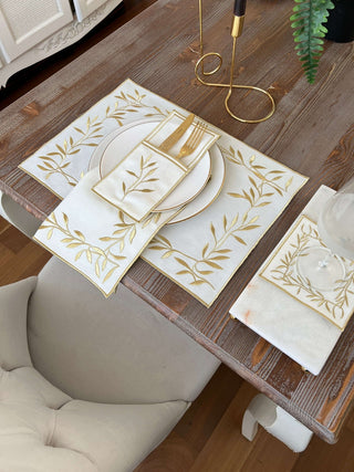 Gold Flower Design Placemat Set - Waterproof Fabric - 6 Persons - 24 Pcs. Full Set