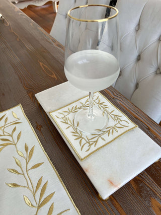 Gold Flower Design Placemat Set - Waterproof Fabric - 6 Persons - 24 Pcs. Full Set