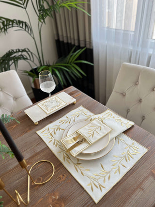 Gold Flower Design Placemat Set - Waterproof Fabric - 6 Persons - 24 Pcs. Full Set