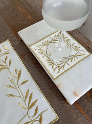 Gold Flower Design Placemat Set - Waterproof Fabric - 6 Persons - 24 Pcs. Full Set