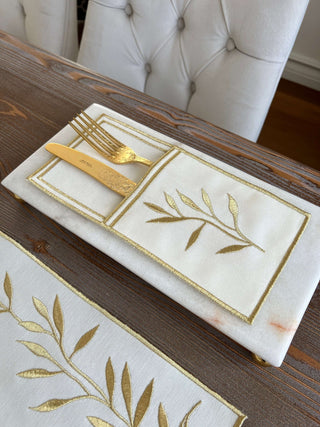 Gold Flower Design Placemat Set - Waterproof Fabric - 6 Persons - 24 Pcs. Full Set