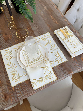 Gold Flower Design Placemat Set - Waterproof Fabric - 6 Persons - 24 Pcs. Full Set