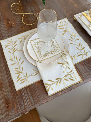 Gold Flower Design Placemat Set - Waterproof Fabric - 6 Persons - 24 Pcs. Full Set