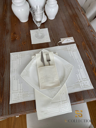 Labyrinth Design Off White Placemat Set - Waterproof Fabric - 6 Persons - 24 Pcs. Full Set