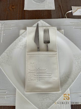 Labyrinth Design Off White Placemat Set - Waterproof Fabric - 6 Persons - 24 Pcs. Full Set