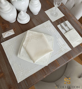 Labyrinth Design Off White Placemat Set - Waterproof Fabric - 6 Persons - 24 Pcs. Full Set