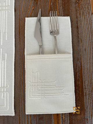 Labyrinth Design Off White Placemat Set - Waterproof Fabric - 6 Persons - 24 Pcs. Full Set