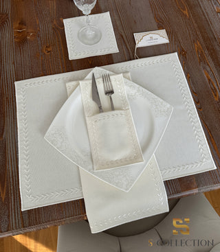 Leafy Allure Cornered Off White Design Placemat Set - Waterproof Fabric - 6 Persons - 24 Pcs. Full Set