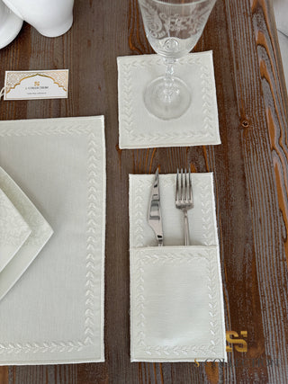 Leafy Allure Cornered Off White Design Placemat Set - Waterproof Fabric - 6 Persons - 24 Pcs. Full Set