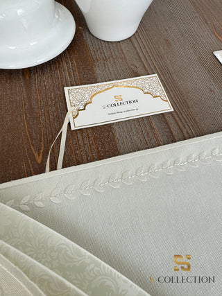 Leafy Allure Cornered Off White Design Placemat Set - Waterproof Fabric - 6 Persons - 24 Pcs. Full Set