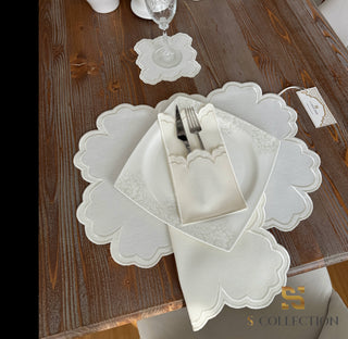 Cloud Design Off White Placemat Set - Waterproof Fabric - 6 Persons - 24 Pcs. Full Set